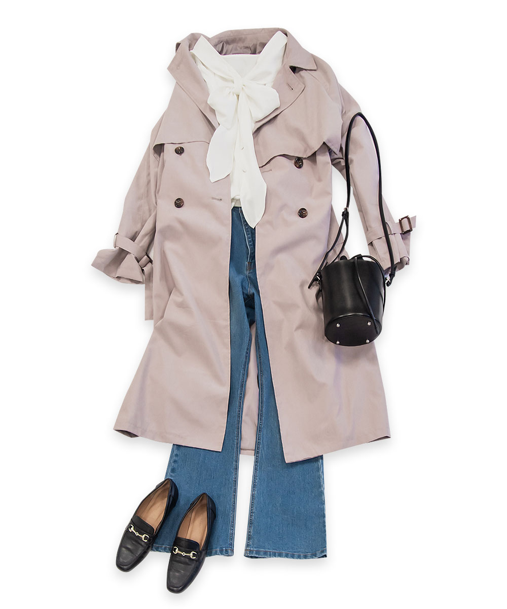 ピンクベージュ×スカートコーデ