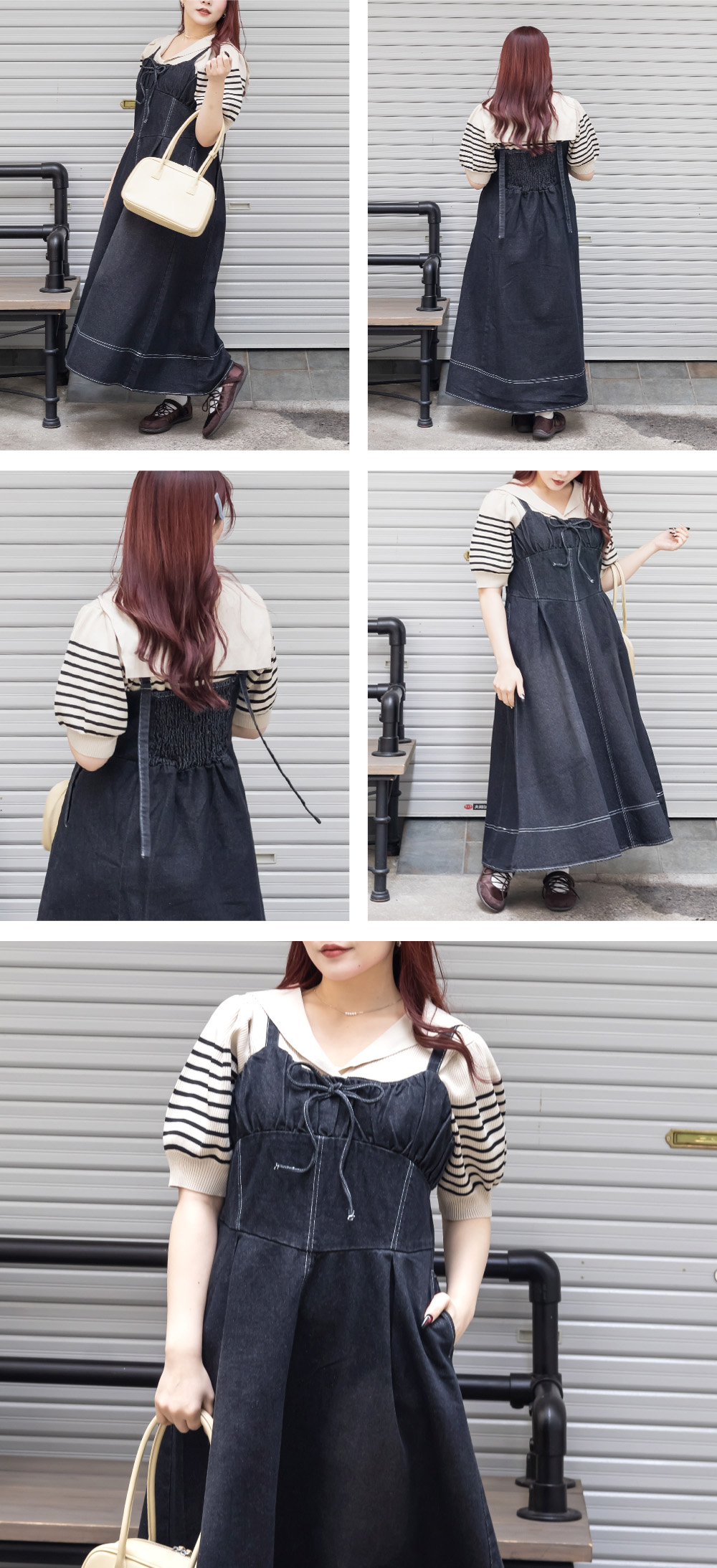 セーラーカラーとデニムワンピを合わせたコーディネート