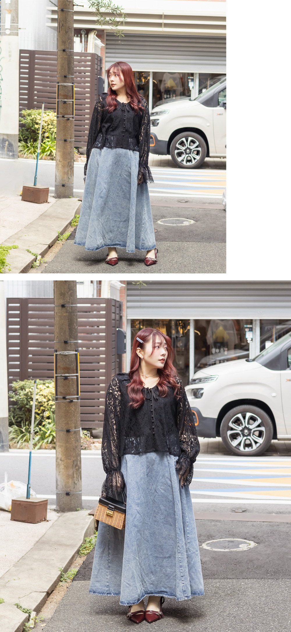 レースブラウスとデニムスカートを合わせたコーディネート