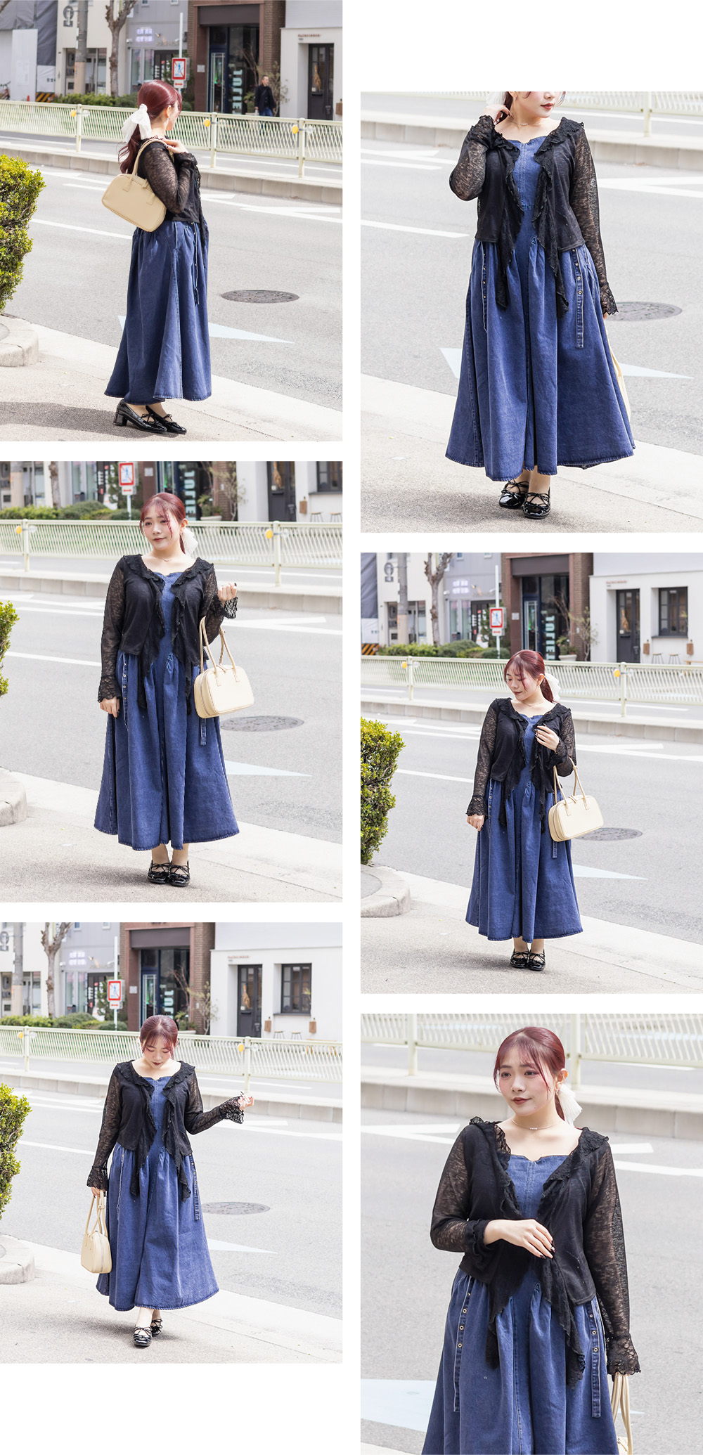 シアーなカーディガンとデニムジャンスカを合わせたコーディネート