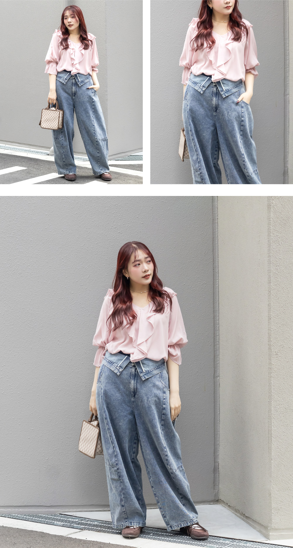 デニムパンツにフリルブラウスを合わせたコーディネート
