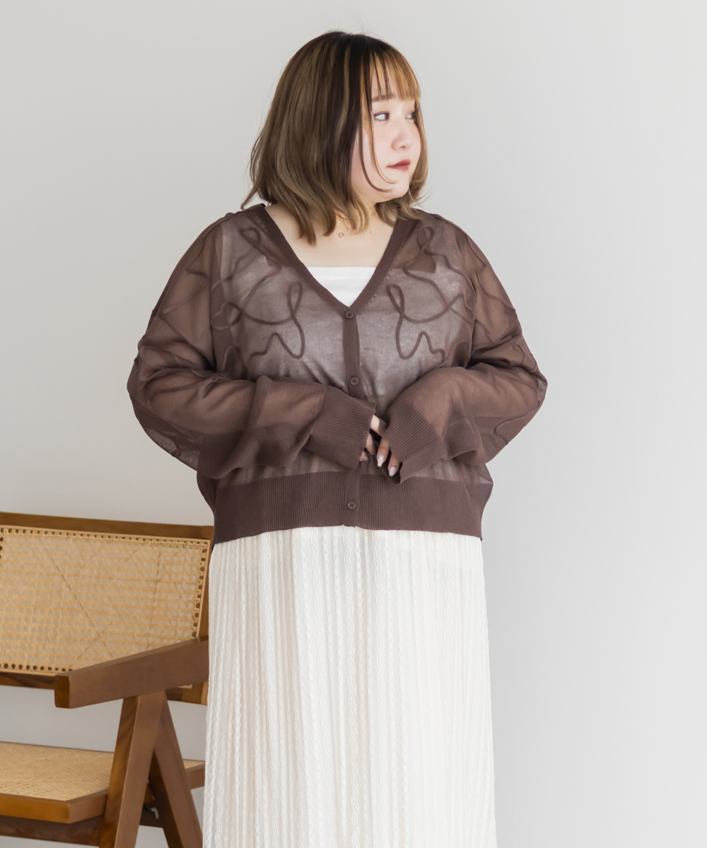 コード刺繍シアーVネックカーディガン