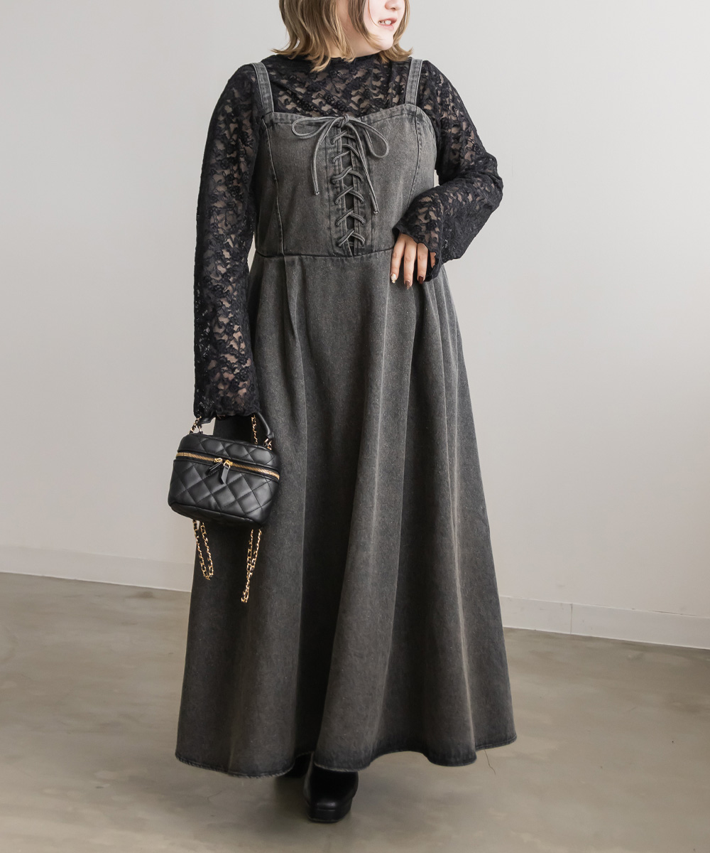 デニムレースアップジャンスカワンピース