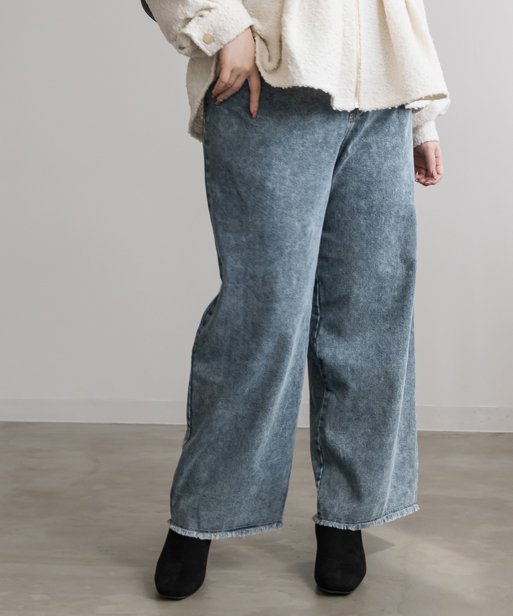 裾フリンジデニムワイドパンツ