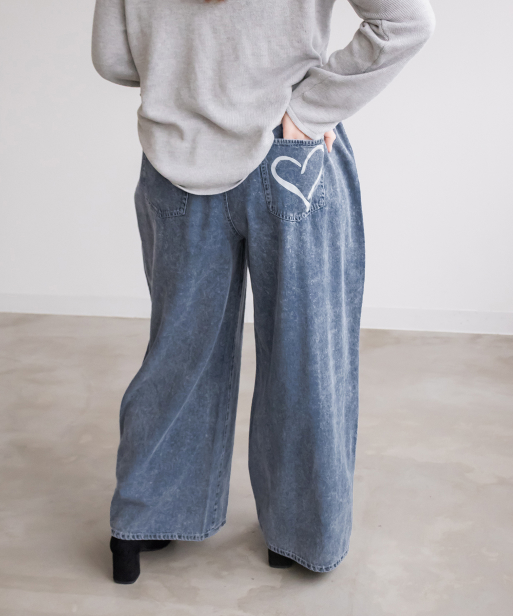 ハートプリントデニムワイドパンツ