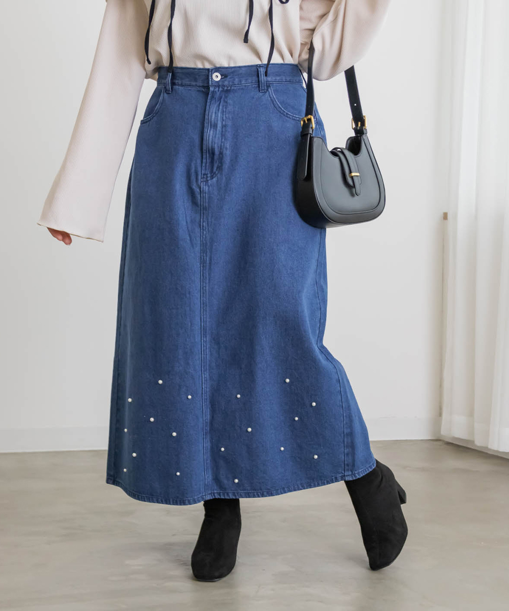 パール付きデニムロングスカート