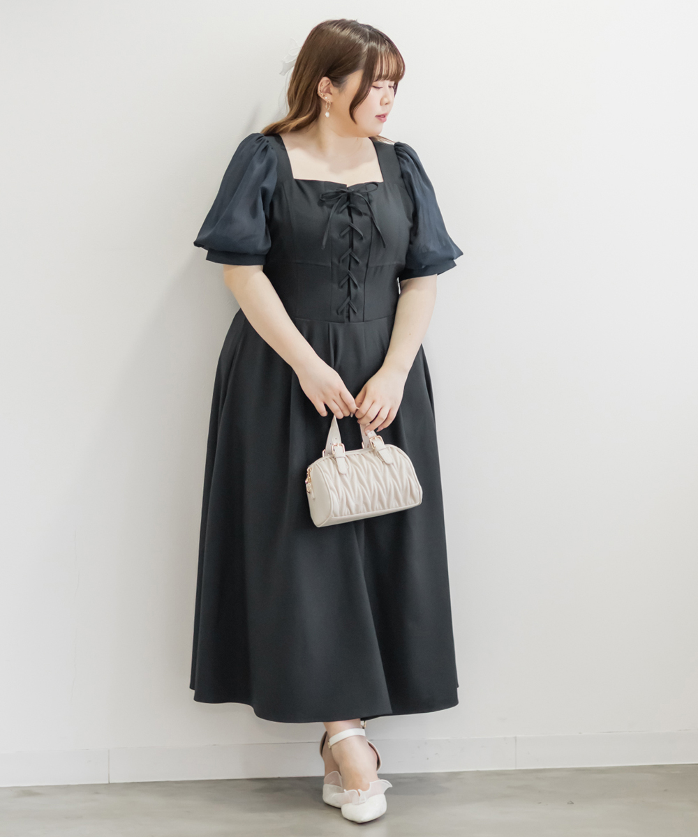 CLETTEオリジナル★レースアップデザインシアー袖ワンピース