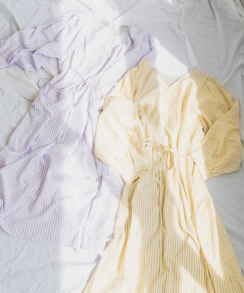 ウエストリボン付ボリューム袖ストライプワンピース