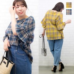 チェック柄袖フリルブラウス6