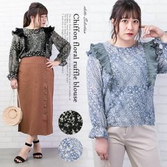 シフォン花柄フリルブラウス1