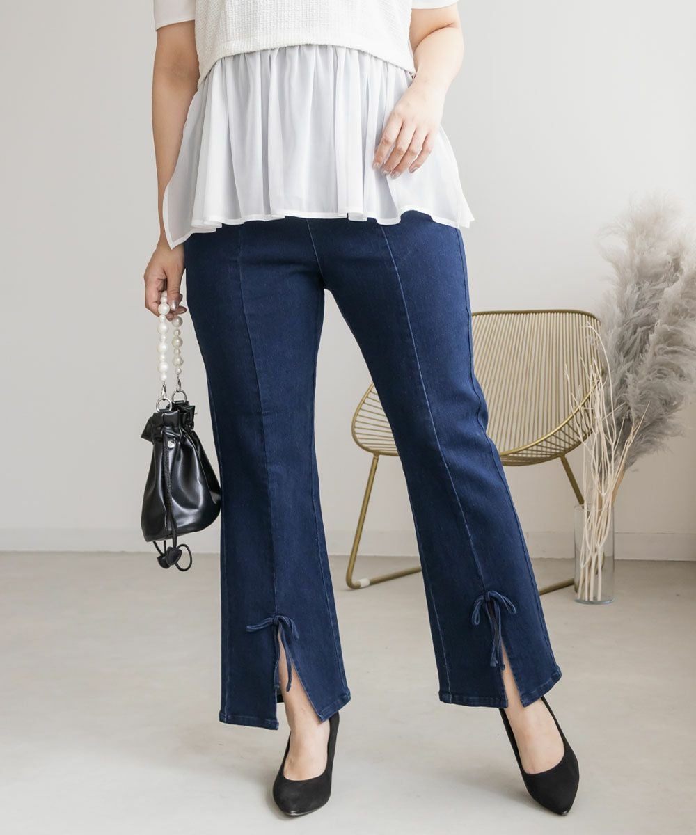 CLETTEオリジナル☆裾リボンストレッチデニムパンツ | 大きいサイズ