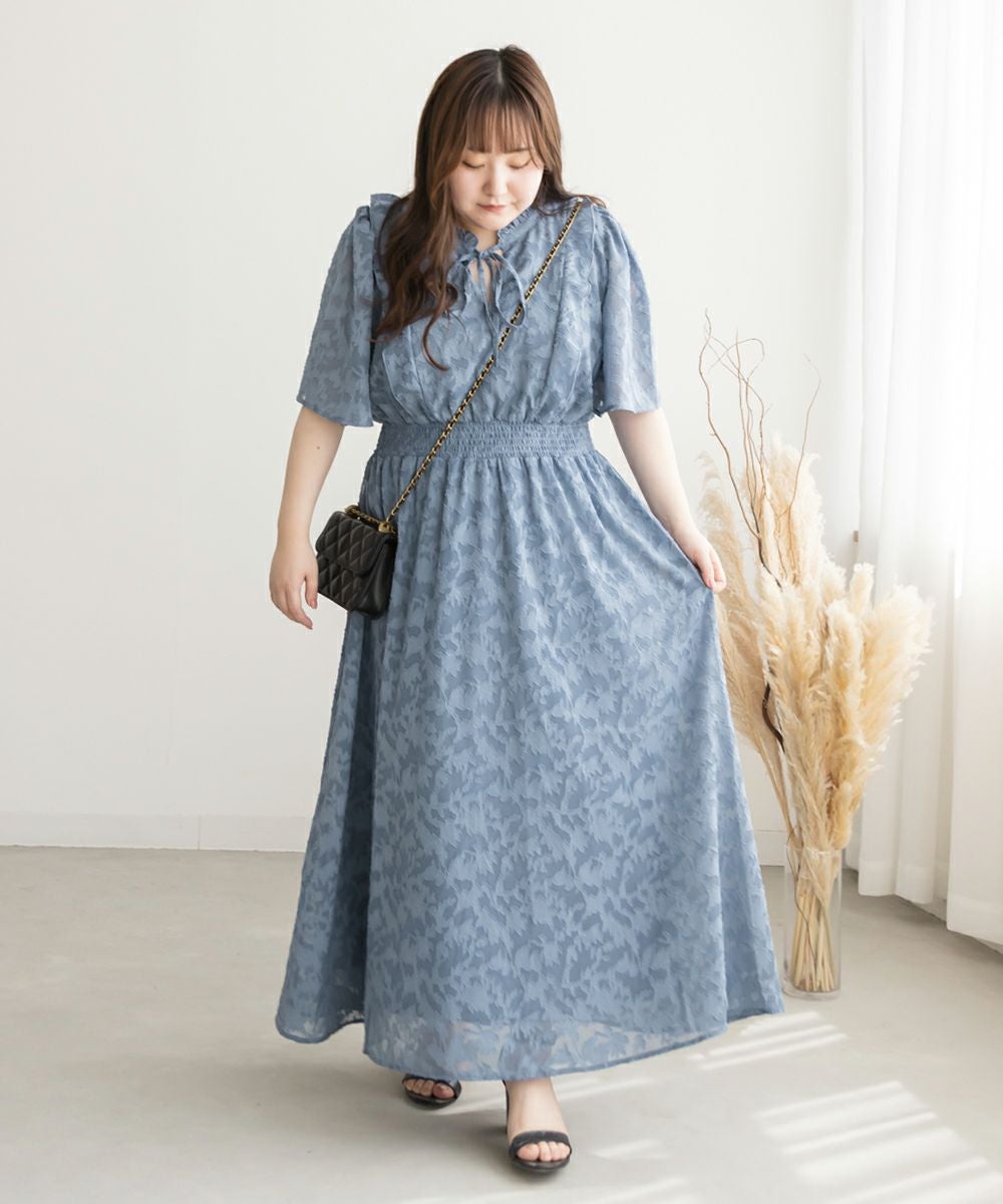 タグ付 CLETTE リボン タイ 花柄 フリル ワンピース LL ブルー CLETTEオリジナル☆シアー花柄フリルワンピース | 大きいサイズ