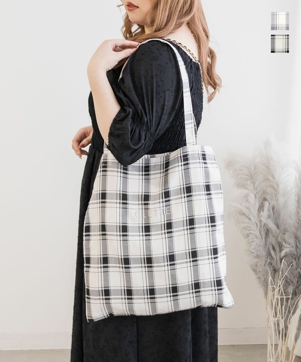 CLETTEオリジナル☆ロゴ刺繍チェック柄トートバッグ | 大きいサイズ