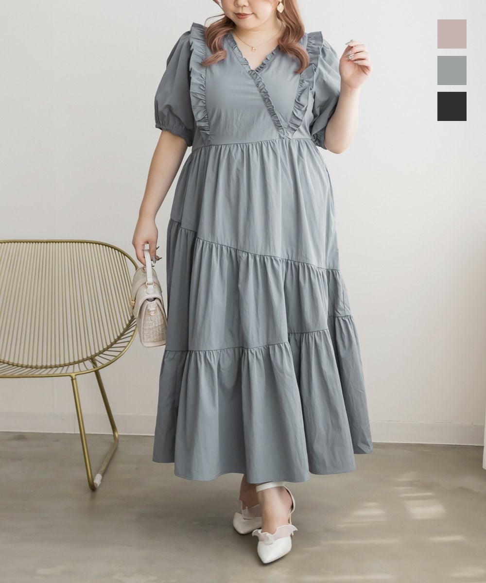 ★新品未使用familiar グレー フリル袖 ワンピース 90㌢ CLETTEオリジナル☆ななめティアードフリルワンピース | 大きいサイズ