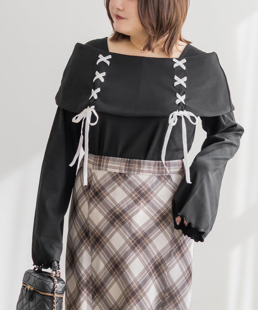 新品 Lサイズ バストカット サイド レース 編み上げ オフショル ビジュー CLETTEオリジナル☆オフショル風レースアッププルオーバー | 大きい