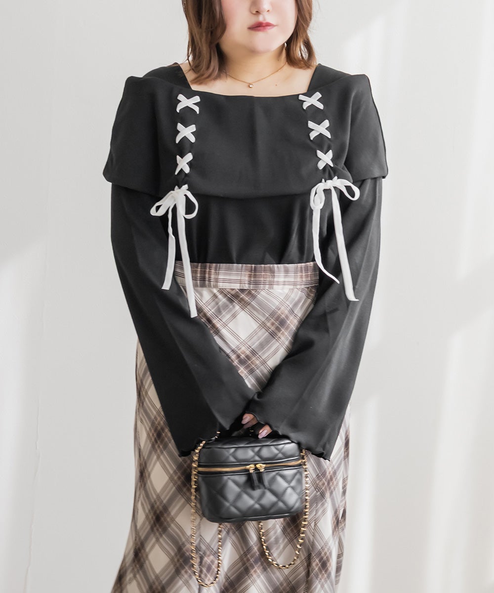 新品 Lサイズ バストカット サイド レース 編み上げ オフショル ビジュー CLETTEオリジナル☆オフショル風レースアッププルオーバー | 大きい