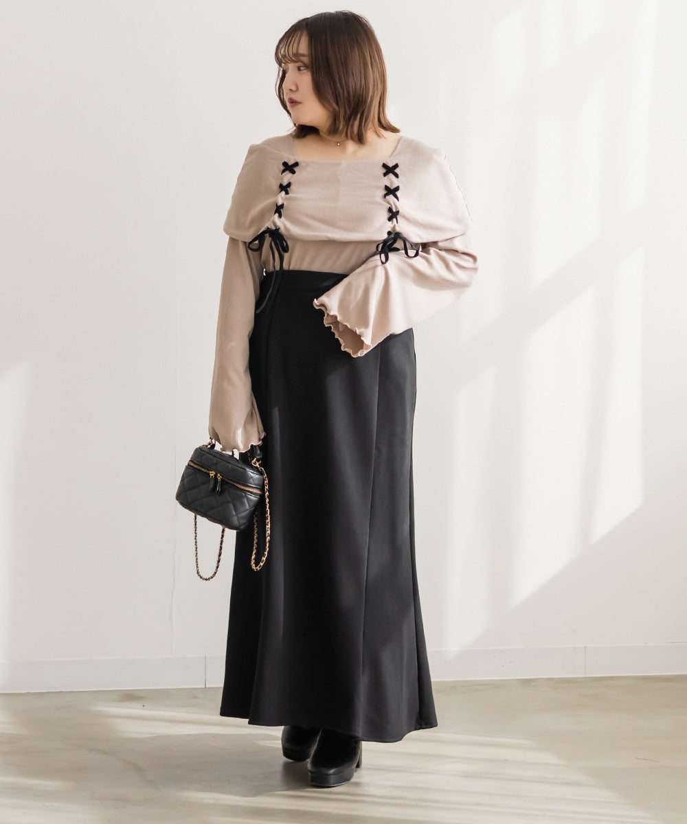 新品 Lサイズ バストカット サイド レース 編み上げ オフショル ビジュー CLETTEオリジナル☆オフショル風レースアッププルオーバー | 大きい