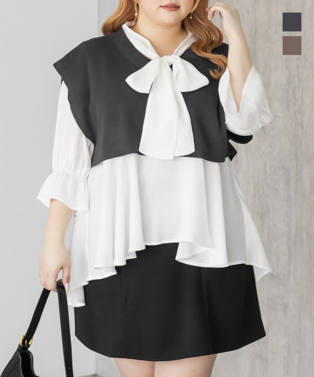 CLETTEオリジナル☆ニットベストセットリボンタイブラウス | 大きい