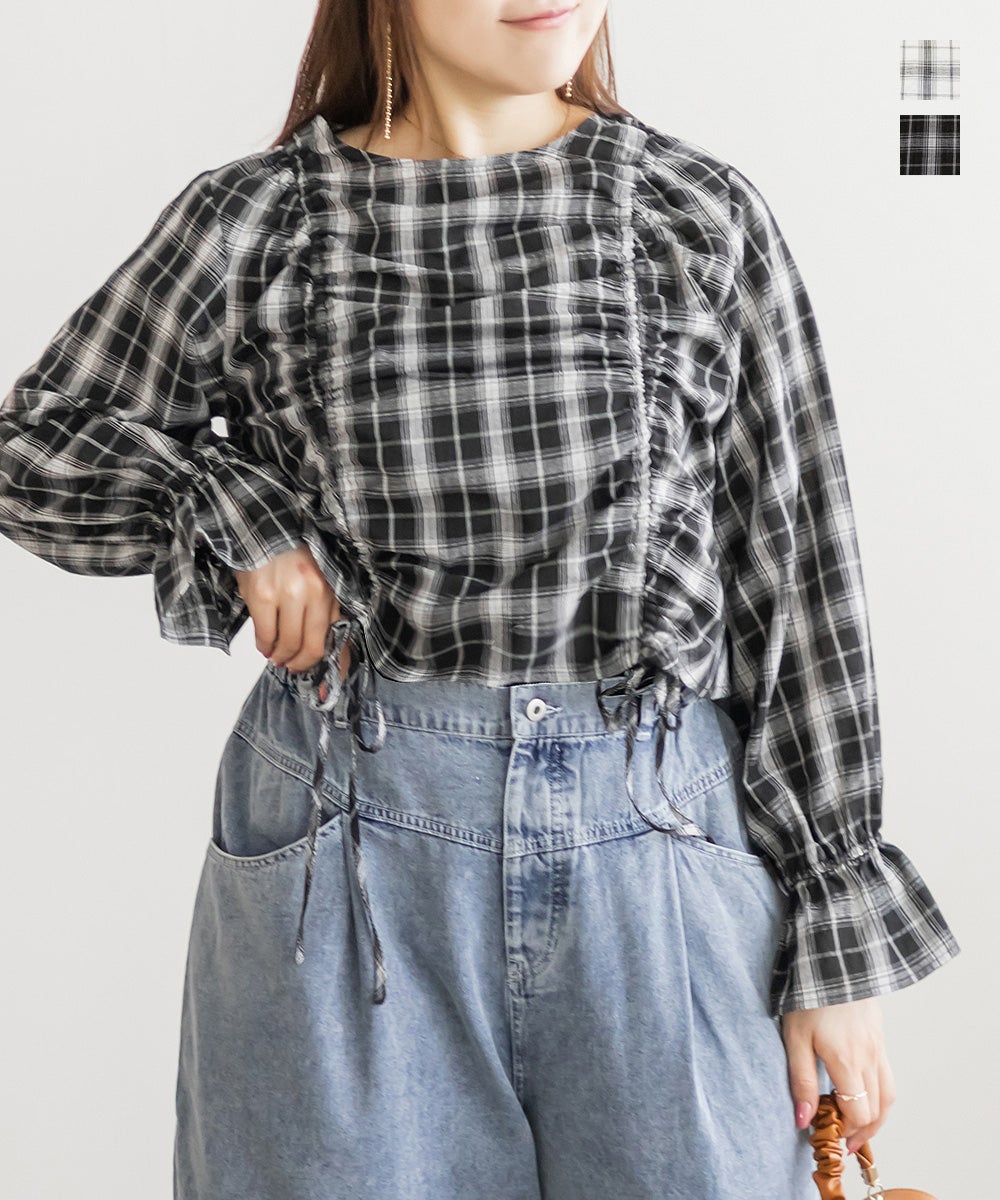 チェック柄ドロストリボンブラウス | 大きいサイズ レディース専門店