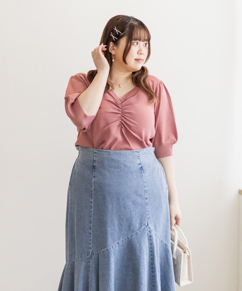 CLETTEオリジナル☆シャーリングハートネック半袖ニット | 大きい