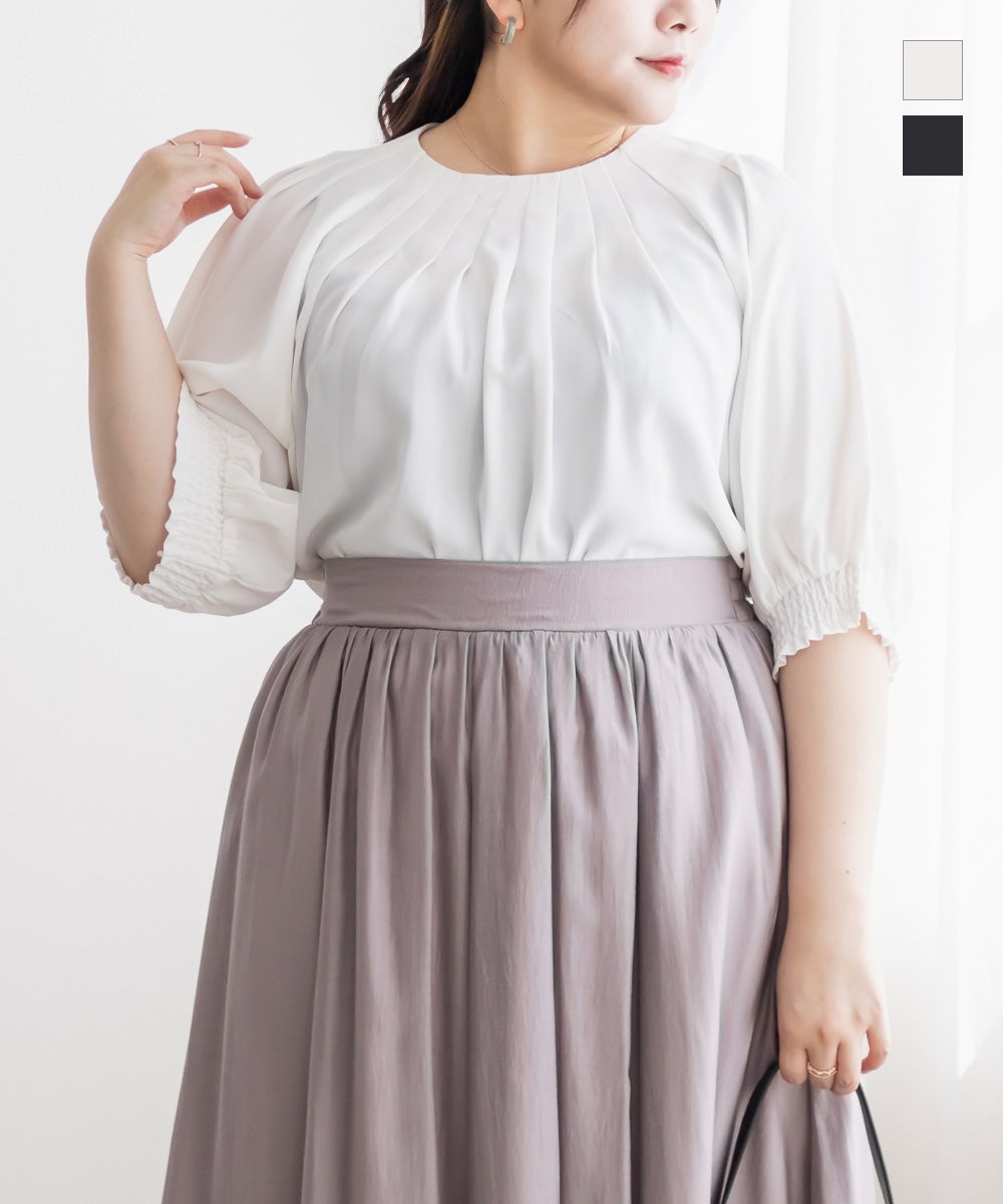 新品✨タグ付き♪ Ｖ切替タック　デシンブラウス　グレージュ VIS(ビス) / 【洗える】ウエスト切り替えフロントタックブラウス