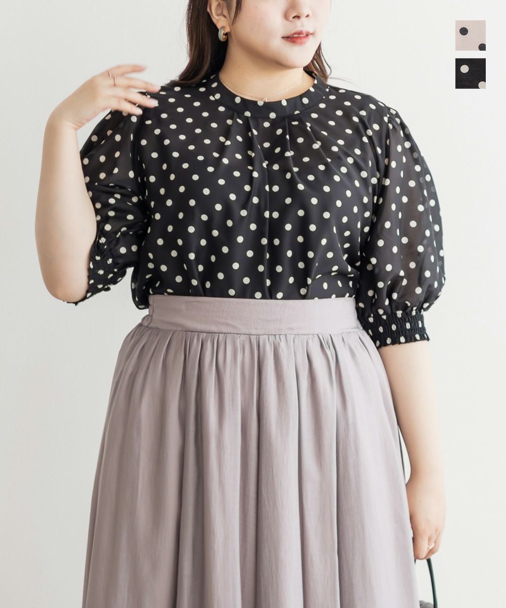 シャーリング袖ドット柄ブラウス | 大きいサイズ レディース専門店