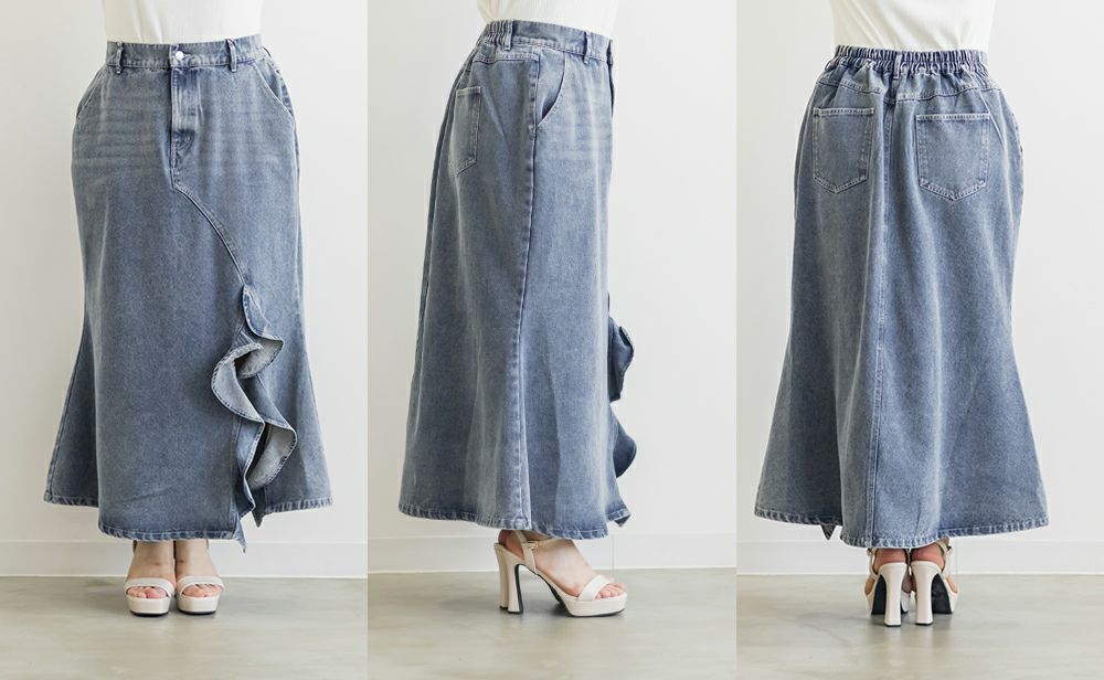 CLETTEオリジナル☆フリルスリットデニムスカート | 大きいサイズ