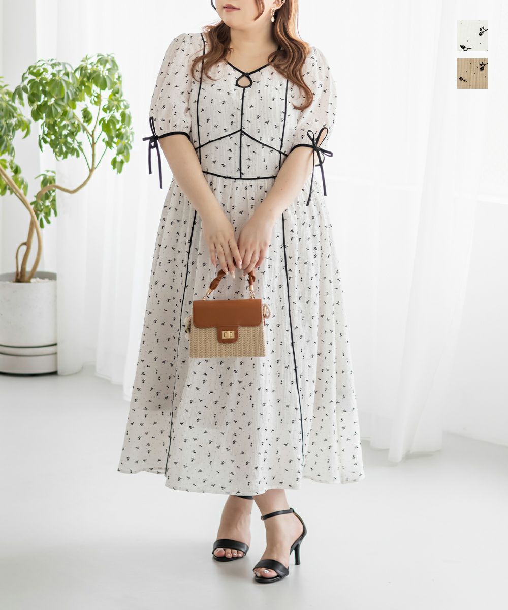 CLETTEオリジナル☆配色パイピングシアー花柄ワンピース | 大きい