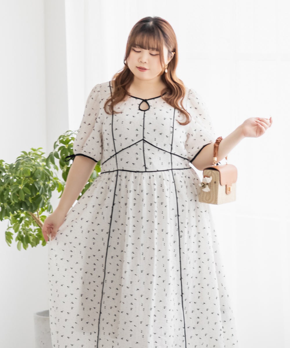 レディース フラワー アイレット ワンピース CLETTEオリジナル☆配色パイピングシアー花柄ワンピース | 大きい