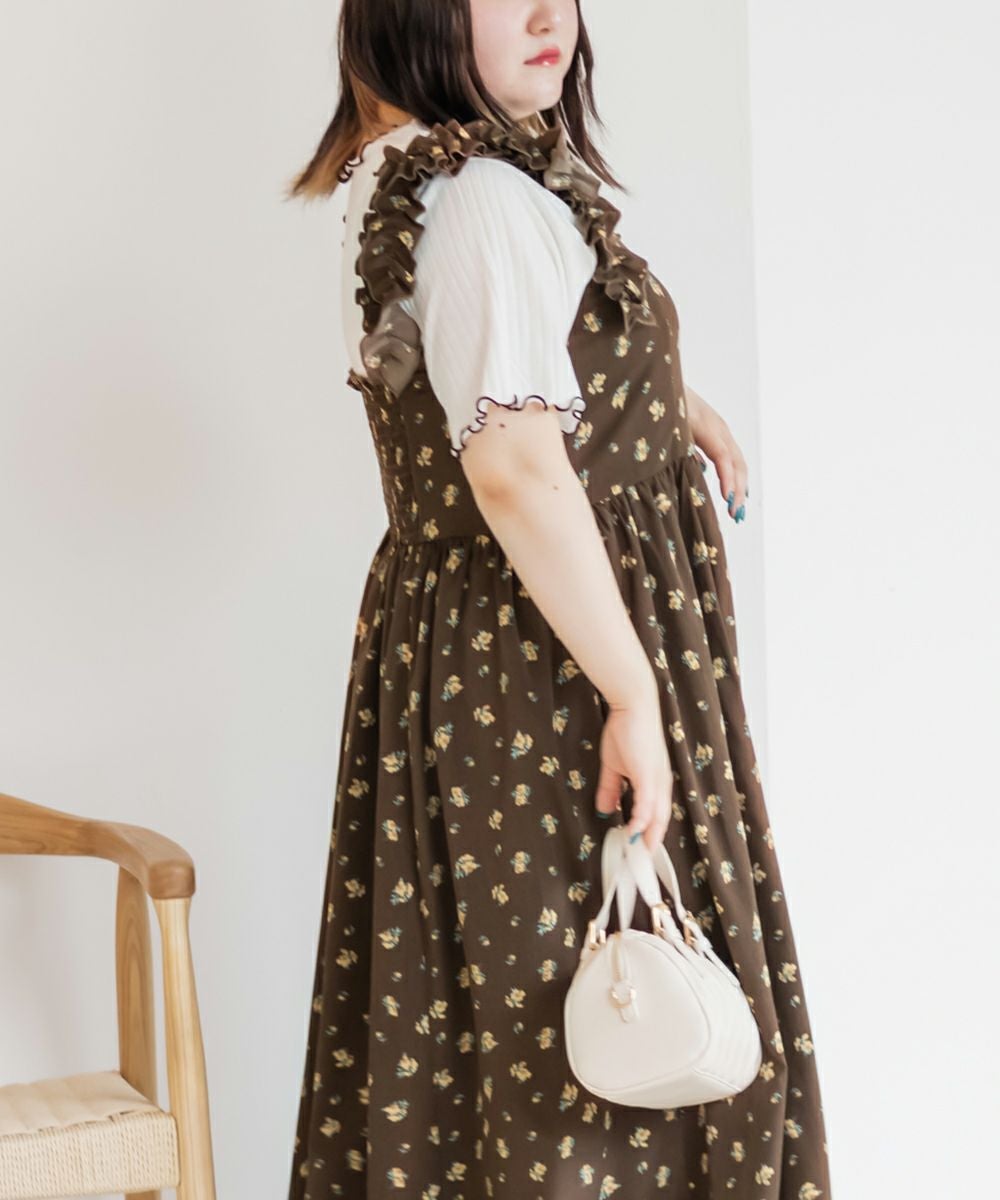 振袖　華柄　ロングワンピース　背中編込み　リボン紐付き　焦茶色 CLETTEオリジナル☆フリルリボン花柄ワンピース | 大きいサイズ