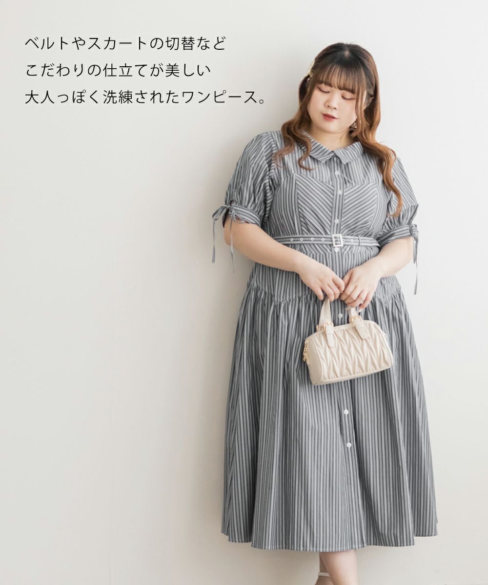 CLETTEオリジナル★切替デザインストライプシャツワンピース クレット CLETTEオリジナル切替デザインストライプシャツワンピース | 大きい