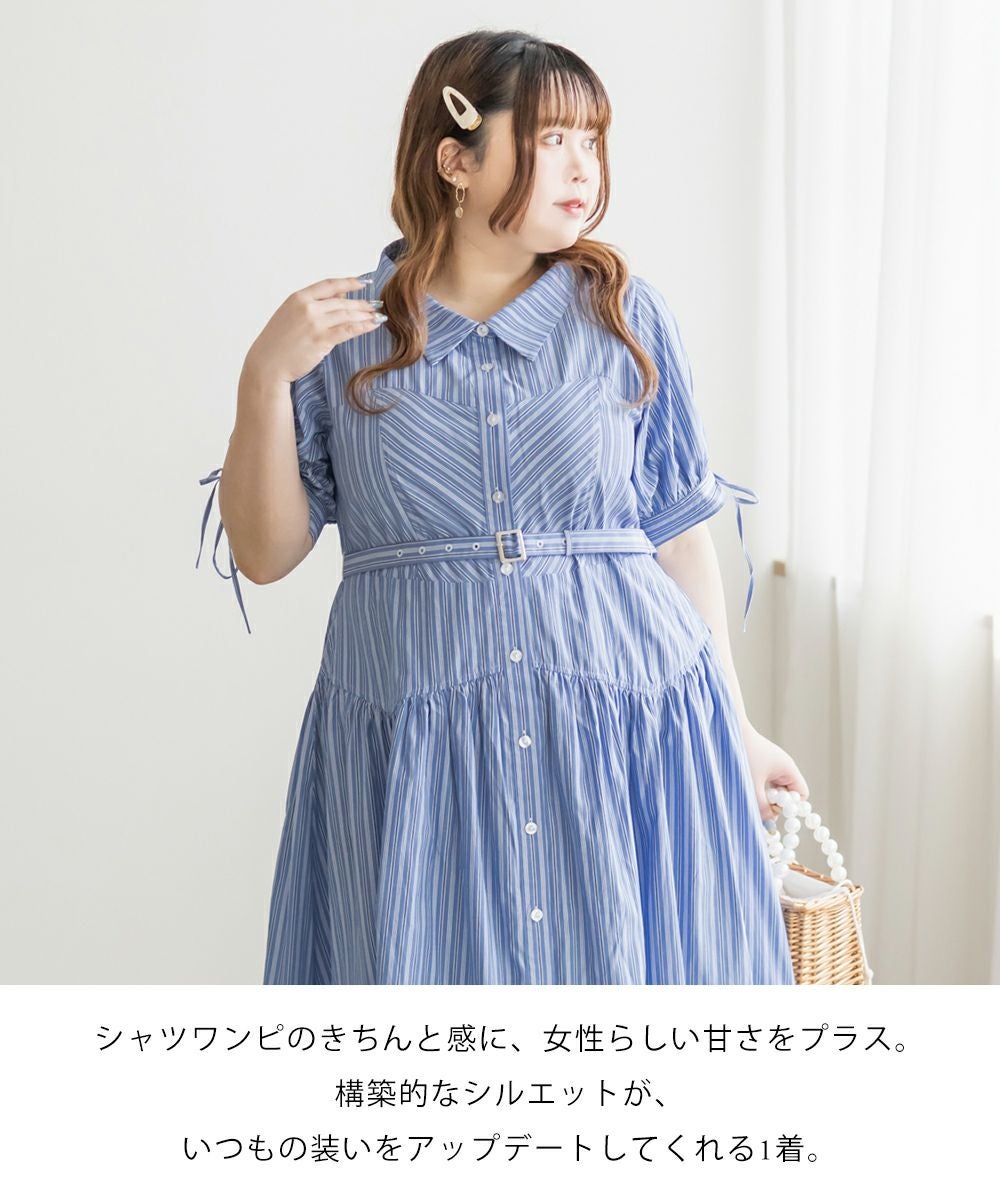 CLETTEオリジナル★切替デザインストライプシャツワンピース クレット CLETTEオリジナル切替デザインストライプシャツワンピース | 大きい