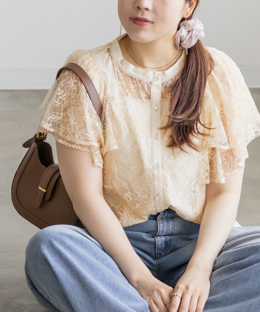 美品 アナイ 袖フレアレースブラウス 完売商品 フレア袖 レース袖 ANAYI - 【完売】ANAYI 袖フリル ナイロンレースブラウス 38の通販 by