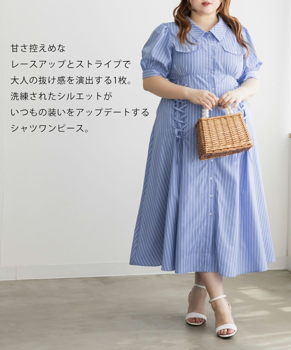 CLETTEオリジナルストライプ柄レースアップデザインシャツワンピース