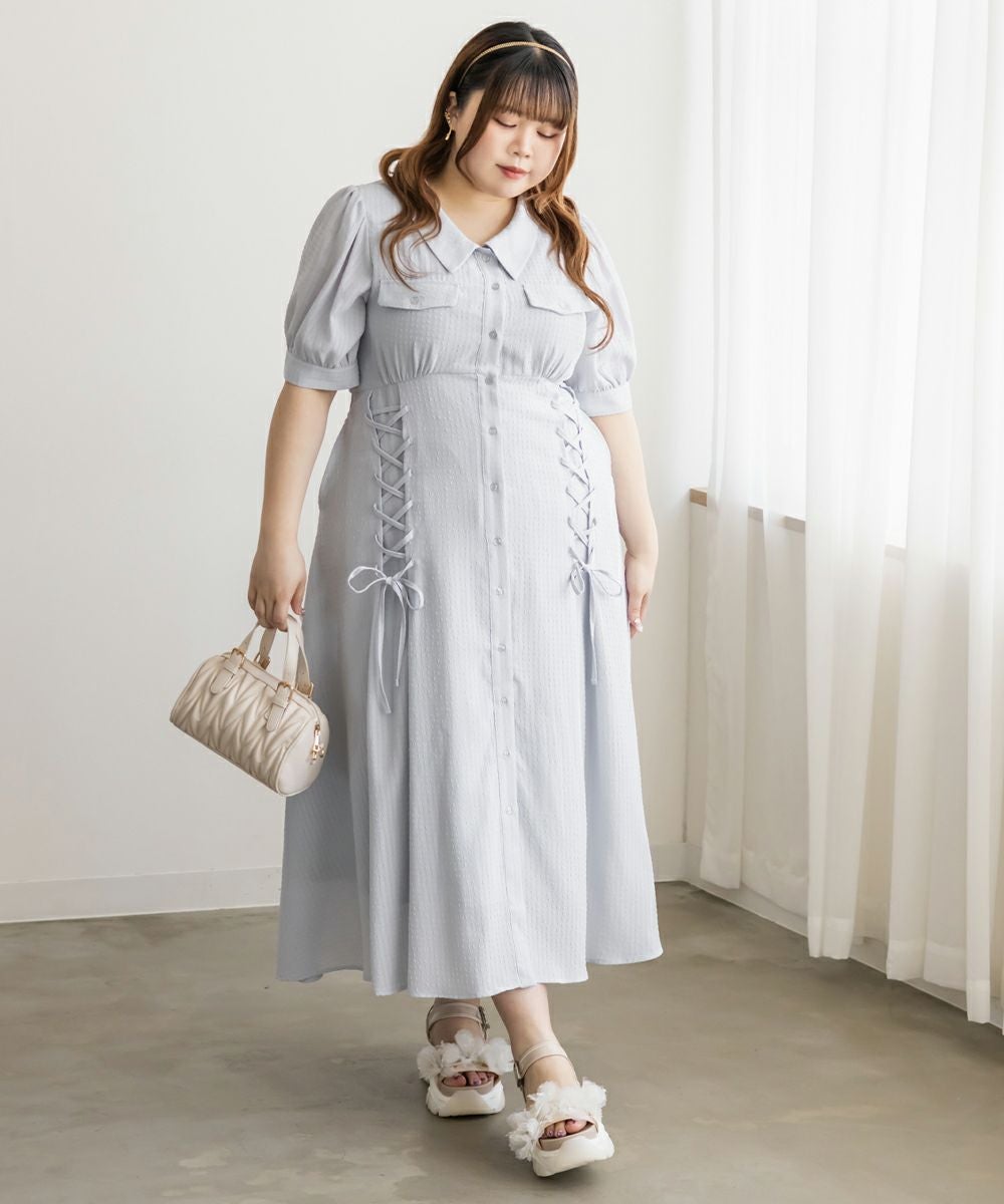 CLETTEオリジナルシアーチェックレースアップデザインシャツワンピース