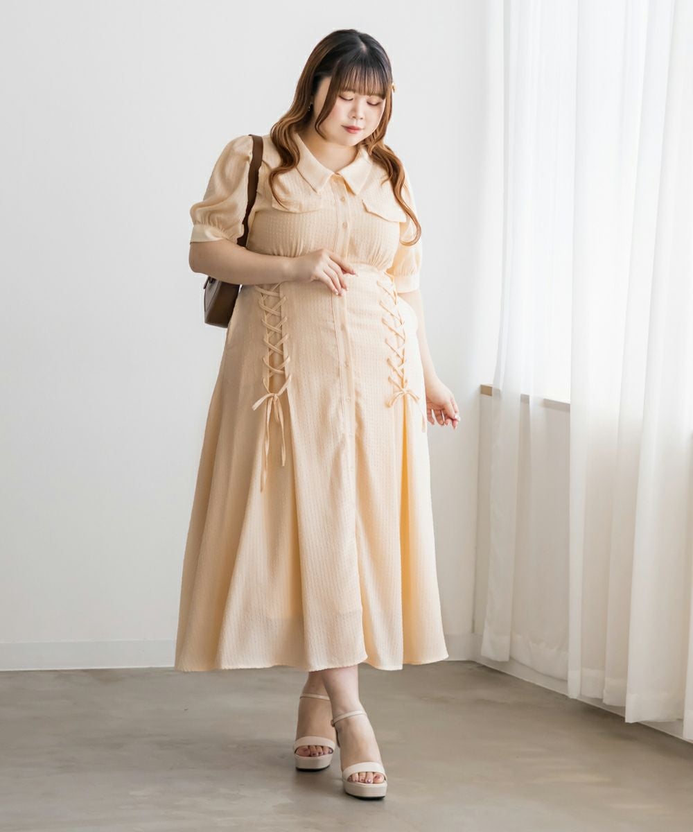 CLETTEオリジナルシアーチェックレースアップデザインシャツワンピース