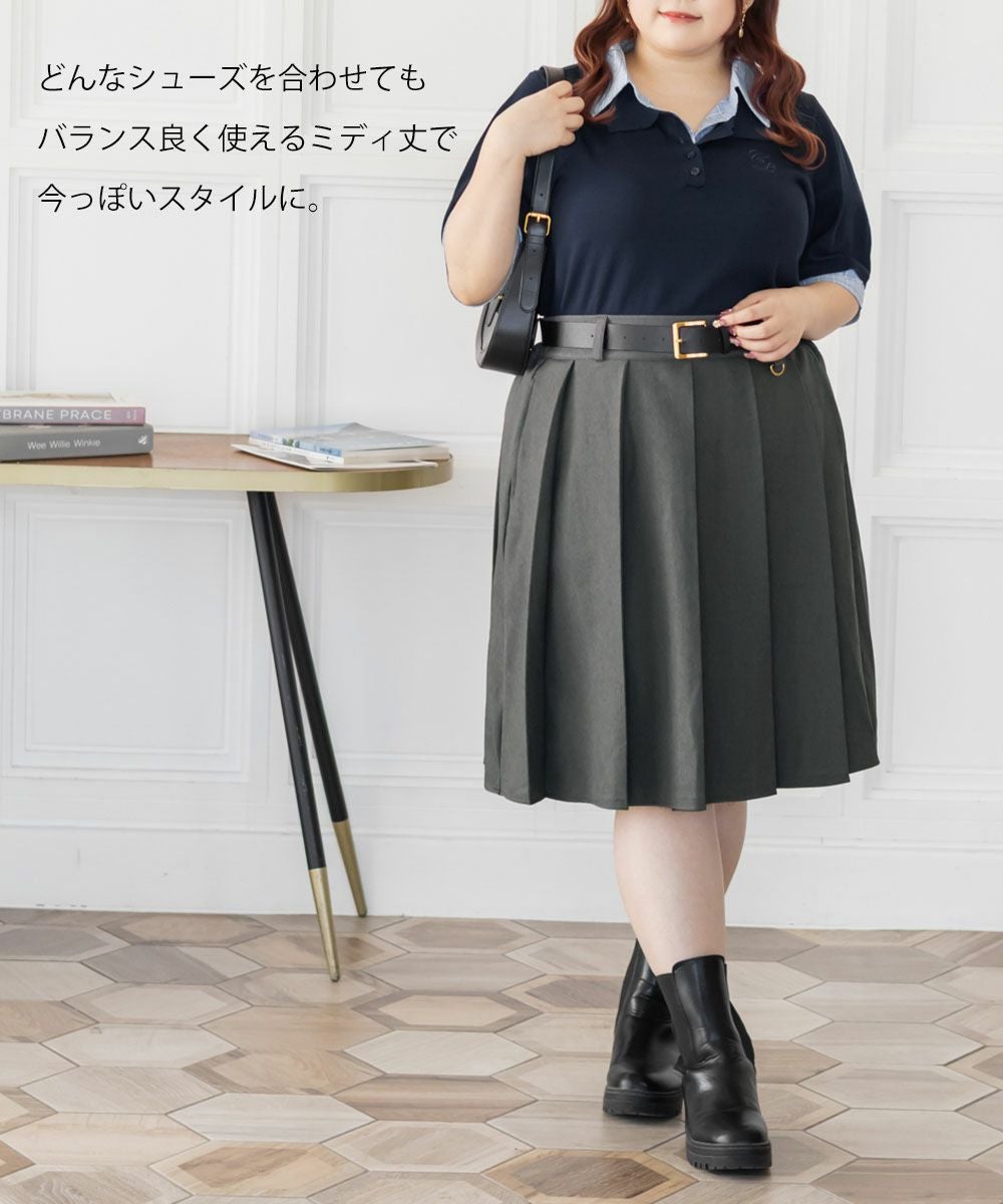 ダークグレー シャツドレス プリーツスカート CLETTEオリジナルベルト付きミディ丈プリーツスカート | 大きいサイズ