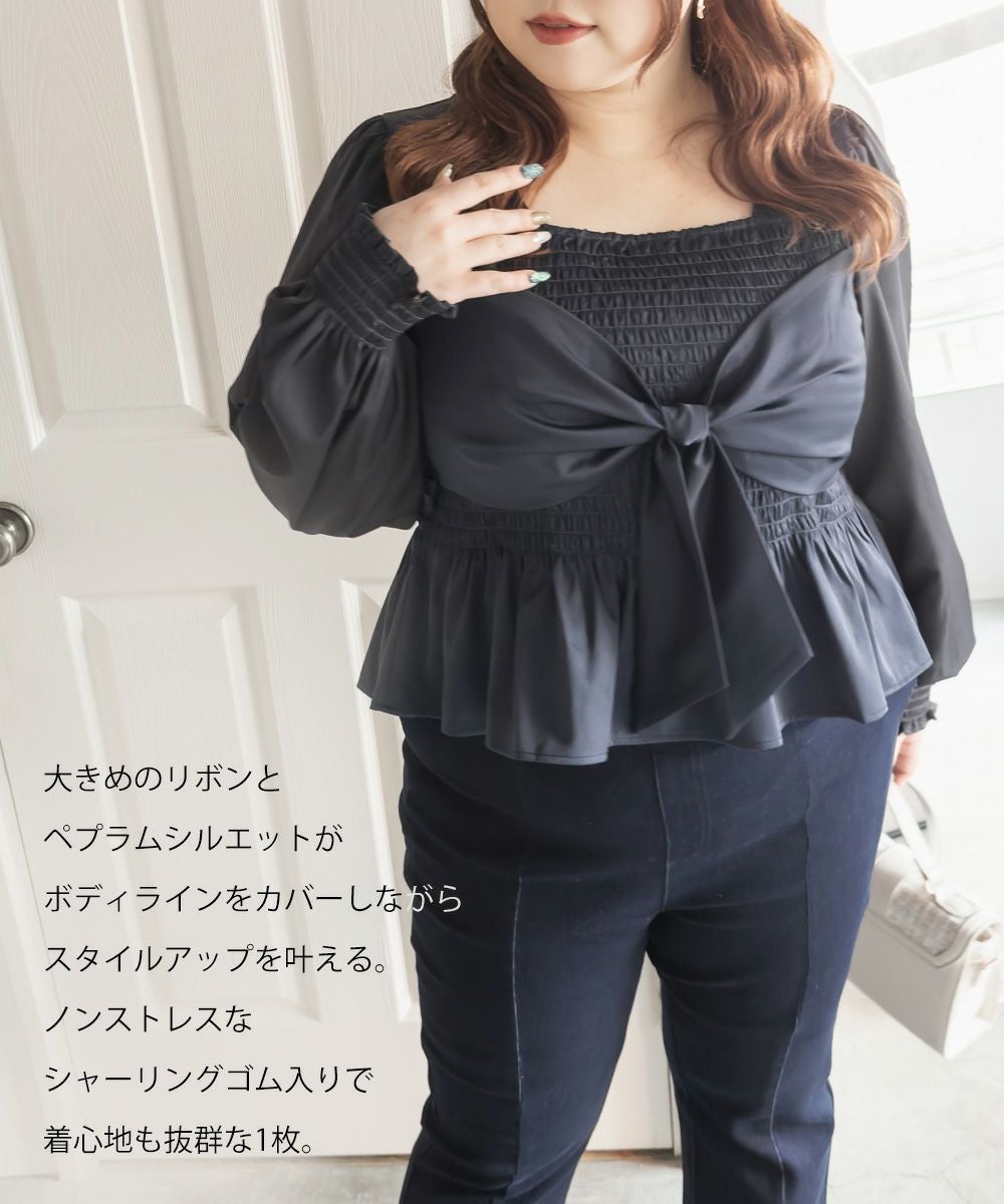 CLETTEオリジナルリボンデザイン長袖シャーリングブラウス | 大きい