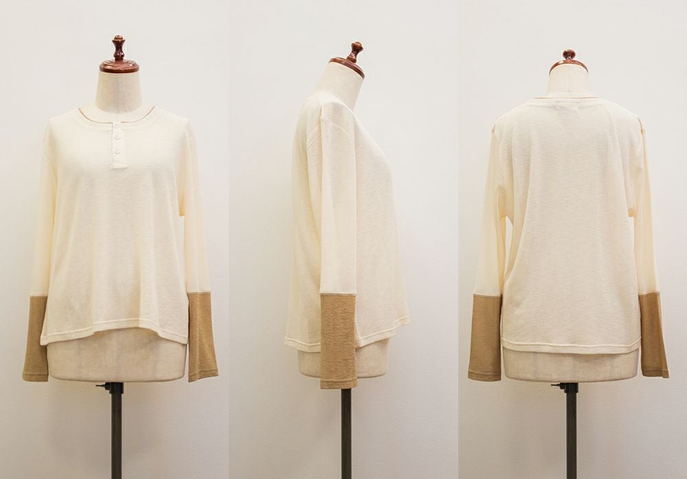 配色ヘンリーネックレイヤード風シアートップス | 大きいサイズ