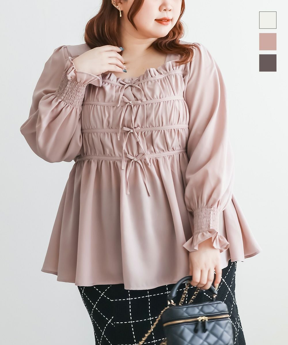 CLETTEオリジナルギャザーリボンデザイン長袖ブラウス | 大きいサイズ
