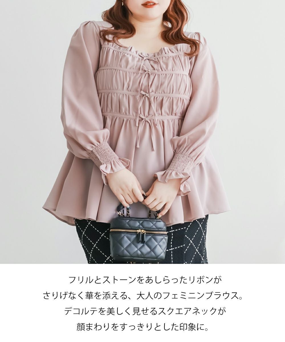CLETTEオリジナルギャザーリボンデザイン長袖ブラウス | 大きいサイズ