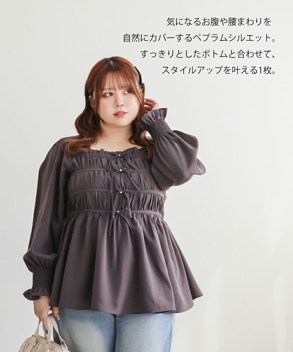 CLETTEオリジナルギャザーリボンデザイン長袖ブラウス | 大きいサイズ