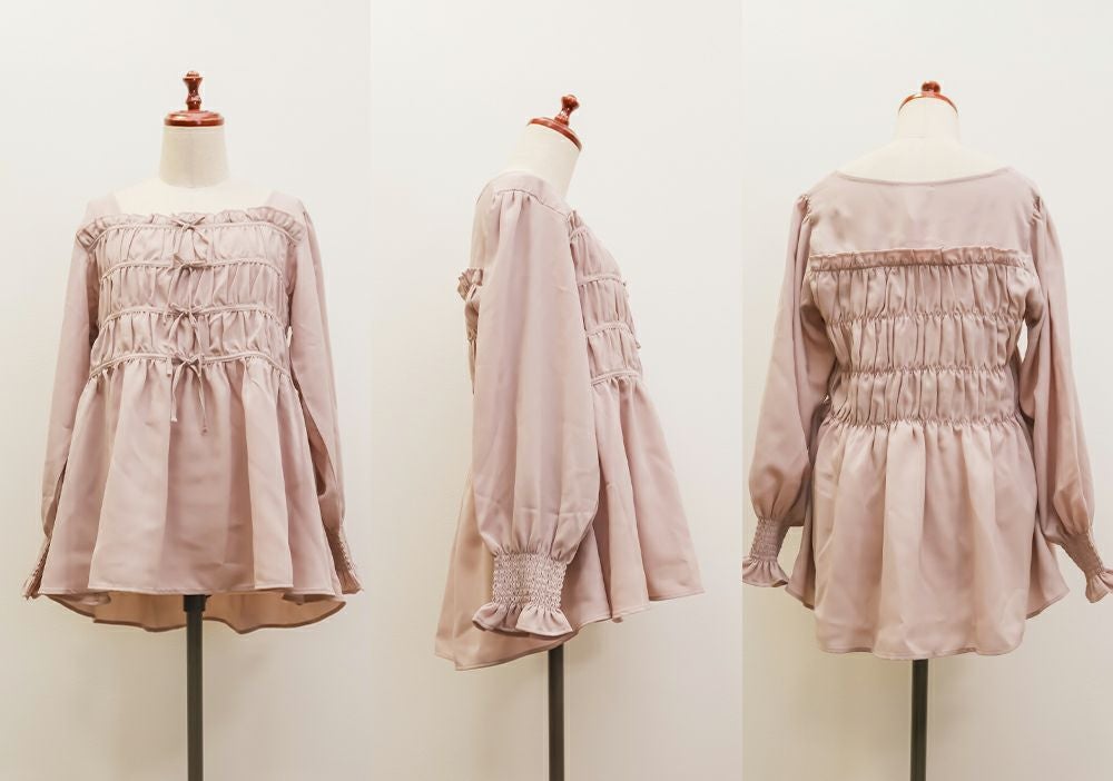 CLETTEオリジナルギャザーリボンデザイン長袖ブラウス | 大きいサイズ