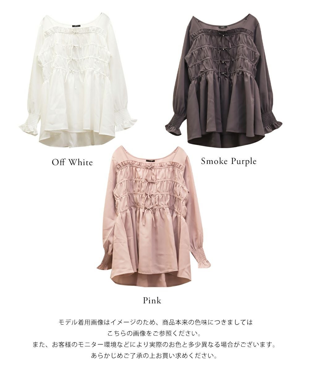 CLETTEオリジナルギャザーリボンデザイン長袖ブラウス | 大きいサイズ