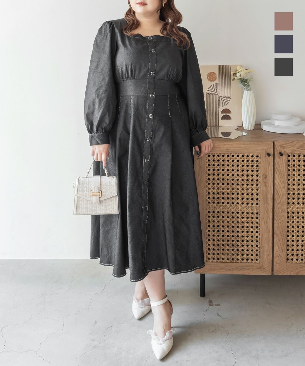 CLETTEオリジナル配色ステッチスクエアネックワンピース | 大きい