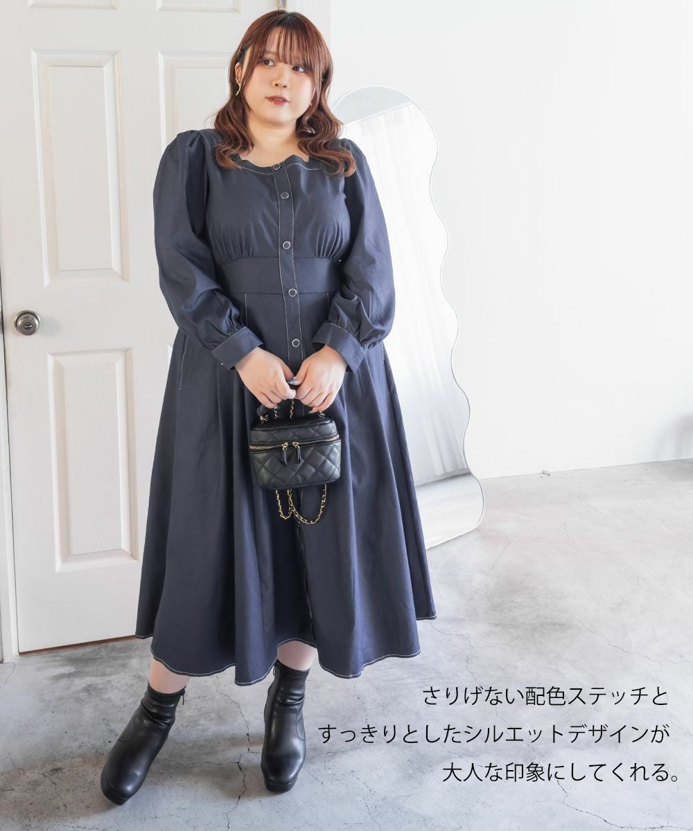 CLETTEオリジナル配色ステッチスクエアネックワンピース | 大きい