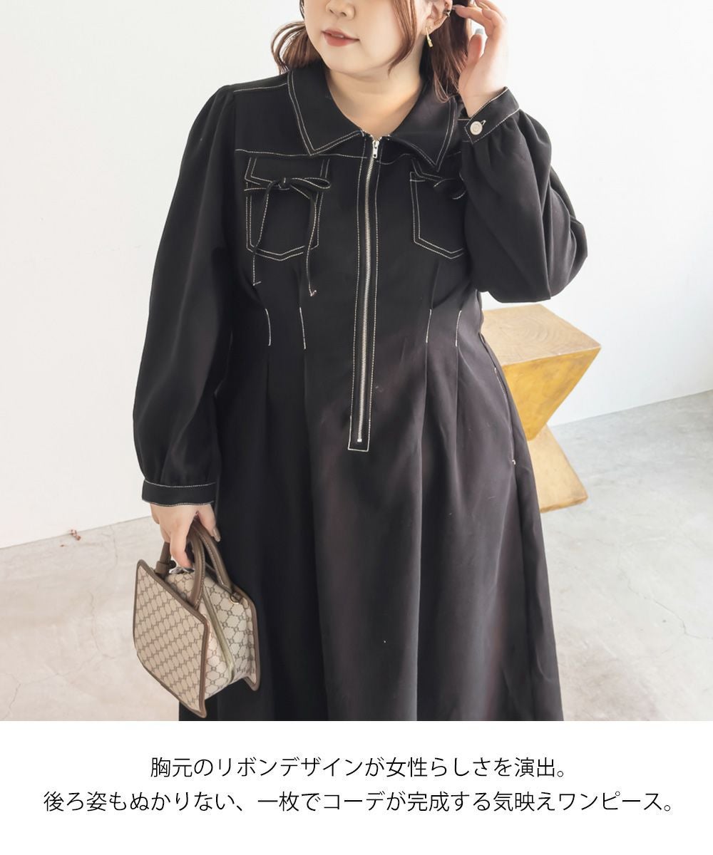 CLETTEオリジナル配色ステッチウエストタックワンピース | 大きい