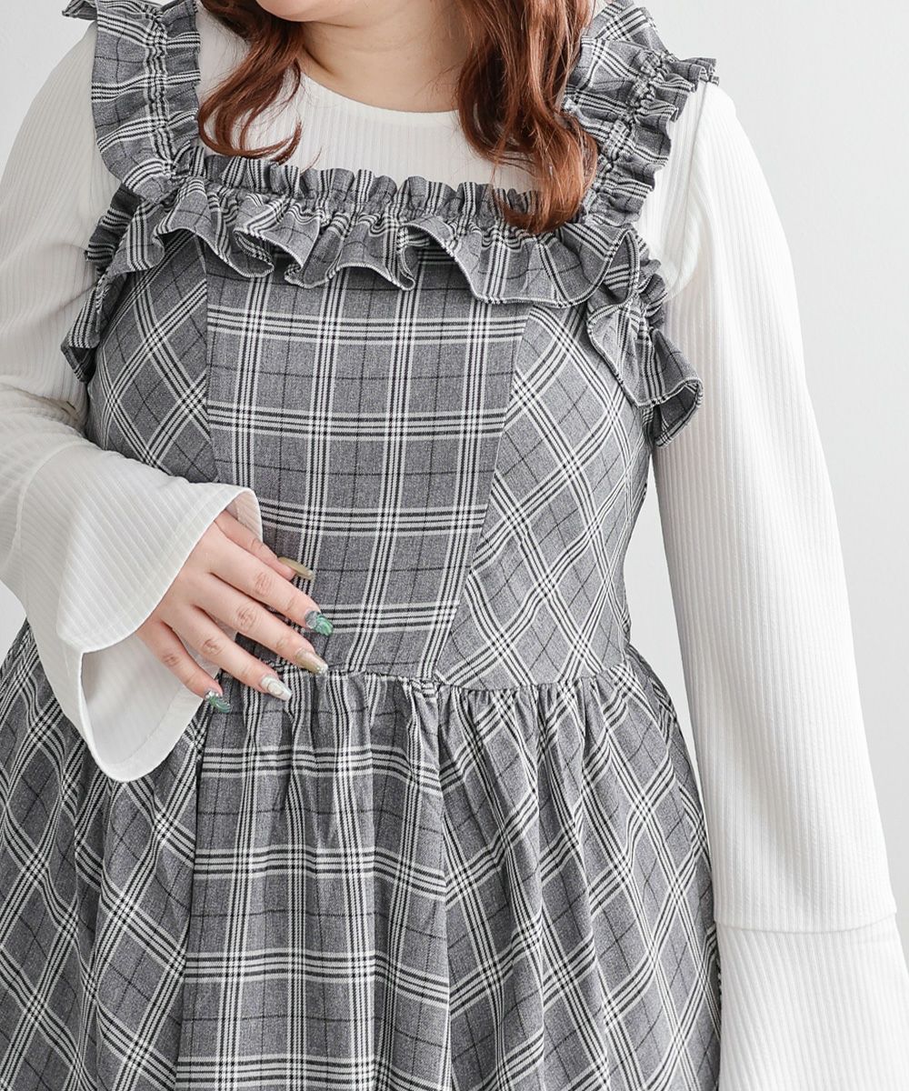 ハンドメイド　グレー×イエロー起毛チェック　フリル付きノーカラー前開きワンピ CLETTEオリジナル2WAYフリルチェック柄ワンピース | 大きいサイズ