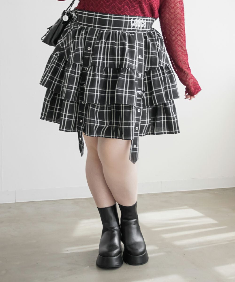 チェック柄デザインベルトフリルミニスカート | 大きいサイズ