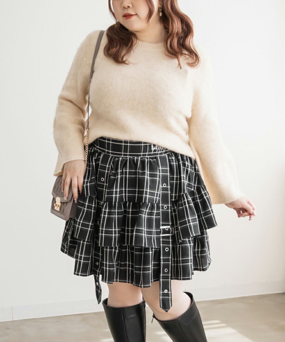 チェック柄デザインベルトフリルミニスカート | 大きいサイズ